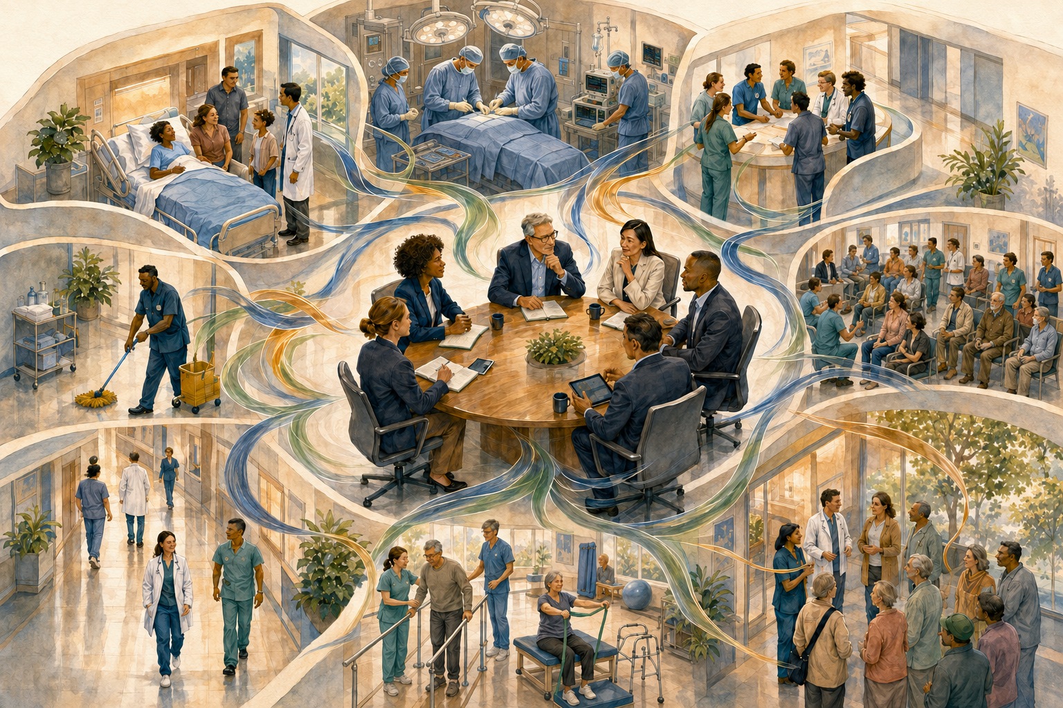 A living hospital ecosystem with patients, families, clinicians, frontline teams, support services, community members, and the executive team connected through flowing pathways