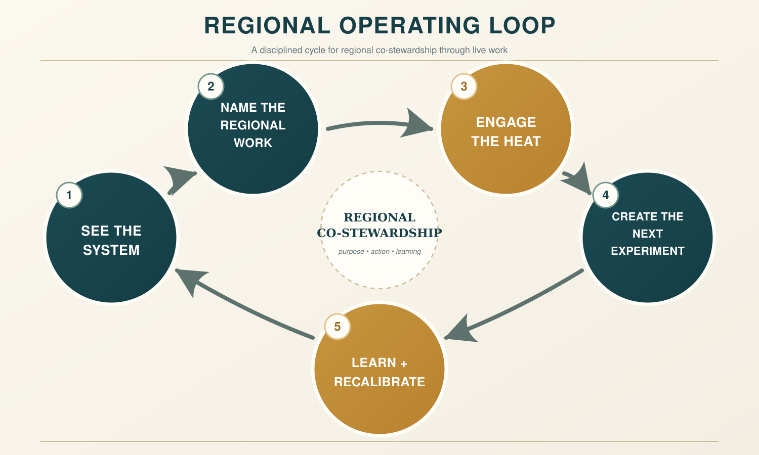 Regional operating loop: see the system, name regional work, engage heat, create the next experiment, learn and recalibrate